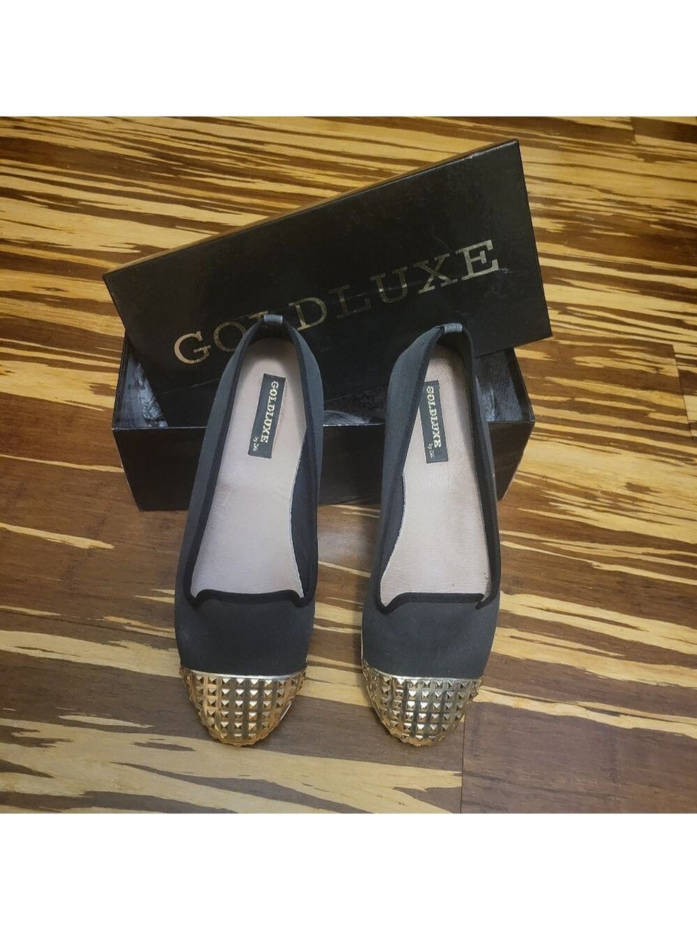 Gold Luxe Chapeau Black Studded Cap Toe Flats Size 10